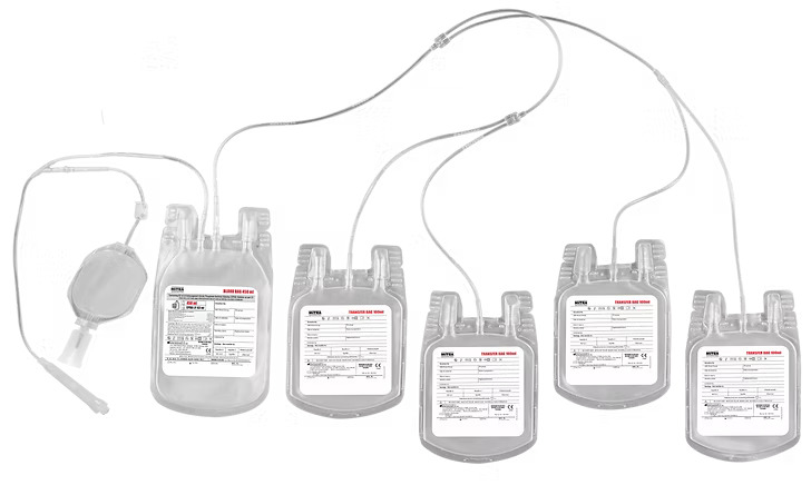 Quintuple (Penta) Blood Bags are used for collection, preservation and transfusion of packed red blood cells (PRBC) platelets (PLT), plasma (FFP) and cryoprecipitate / granulocyte concentrates. Also designed for paediatric / multiple transfusions.