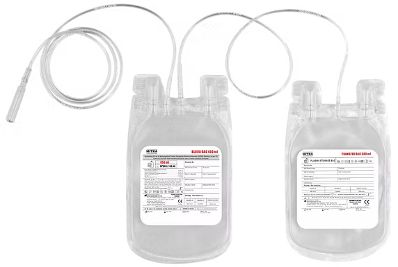 Double Blood Bags are used for collection, preservation and transfusion of Packed Red Blood cells (PRBC) and Plasma (FFP)