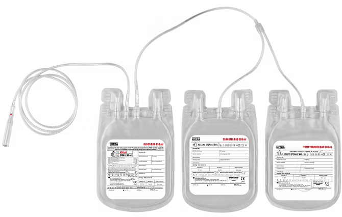 Triple Blood Bags are used for collection, preservation and transfusion of Packed Red Blood Cells (PRBC) Platelets (PLT) and Plasma (FFP)
